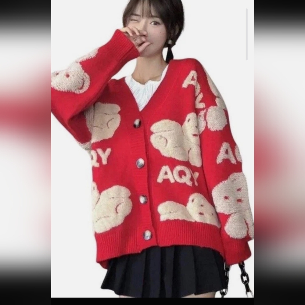 Red Teddy Graphic Button-Front Cardigan Sweater